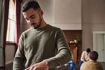 Image showing Help, coffee and man at a support group for mental health, addiction or grief meeting. Ready, counseling and person at therapy with people for management of depression, anxiety or problem together