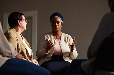 Image showing Support, black woman and senior group therapy with understanding, feelings and talking in session. Mental health, grief or depression, people in retirement with therapist sitting together for healing