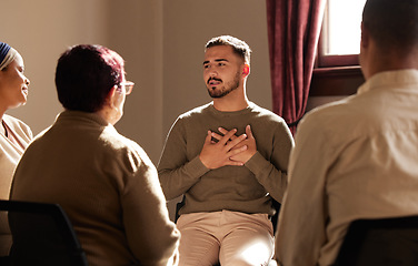 Image showing Support, trust and man sharing in group therapy with understanding, feelings and talking in session. Mental health, addiction or depression, men and women with therapist sitting together for healing.