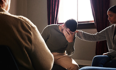 Image showing Group therapy, support and crying man with empathy, psychology help and mental health problem, depression and counseling. Therapist, community and sad, depressed or rehabilitation for person stress