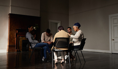 Image showing Support, group of people in therapy a community center and understanding, sharing feeling and talking in session. Mental health, addiction or depression, men and women with therapist sitting together