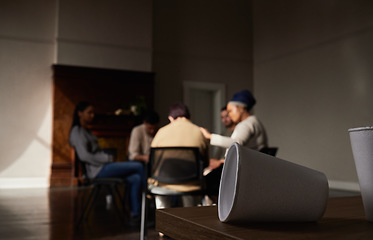 Image showing Support, group therapy and people help with depression, AA and addiction in an emotional meeting together for hope. Unity, trust and sharing mental health stories sitting in a circle for healing