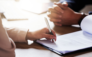 Image showing Business people, hands and signing contract, form or application for hire, recruitment or policy on table. Hand of person writing or filling in paperwork with pen for deal, agreement or information