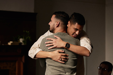 Image showing Friends, support group hug and men counseling for drug abuse and mental health problem. Empathy, psychology workshop and therapy session together in a circle for team building with care and help