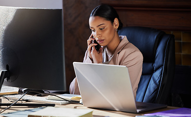 Image showing Phone call communication, legal office and woman talking to investment, law firm attorney or government justice contact. Receptionist conversation, business advocacy consultant and lawyer consulting