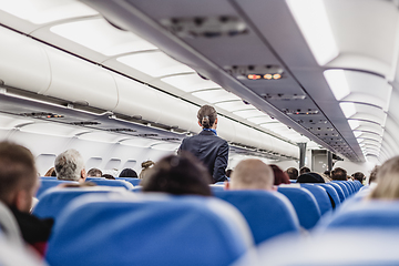 Image showing Stewardess walking the aisle of commercial airplane.