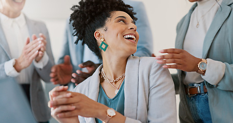 Image showing Applause, celebration and business woman with good news, achievement or job promotion in the office. Happy, wow and professional employee from Mexico with success celebrating with support from team.