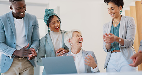 Image showing Success, laptop or happy senior manager winning a job promotion after meeting sales kpi target or goals. Applause, wow or mature woman smiles with pride for business deal news or winners achievement