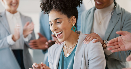 Image showing Applause, celebration and business woman with good news, achievement or job promotion in the office. Happy, wow and professional employee from Mexico with success celebrating with support from team.