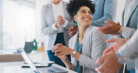 Image showing Applause, celebration and business woman with good news, achievement or job promotion in the office. Happy, wow and professional employee from Mexico with success celebrating with support from team.