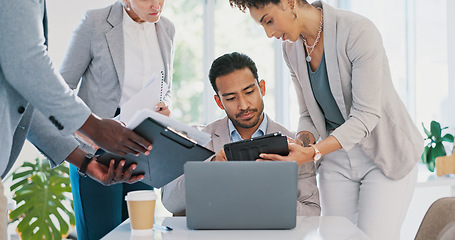 Image showing Businessman, multitasking and time management with leadership in work project, documents and tablet for signature. Manager, business people and paperwork, digital and project management success.