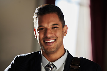 Image showing Smile, business man and portrait of lawyer happy as a legal worker in office ready for corporate law. Businessman, company employee and notary advocate with consultant and professional success