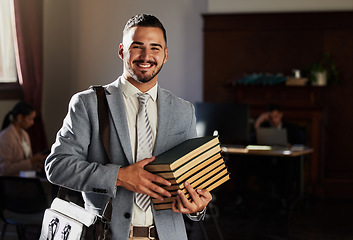 Image showing Legal books, happy portrait and man research law firm, office management or justice learning study. Financial advisor, knowledge and lawyer smile, Portugal government consultant or attorney education