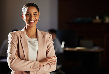 Image showing Business woman, portrait and lawyer at a law firm feeling proud of corporate vision. Happiness, smile and employee growth of an Indian person with mock up with professional mindset and success