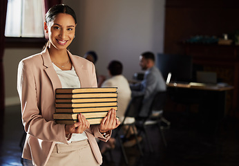 Image showing Law books, happy portrait and woman research legal work, office consultation or justice career study. Financial advisor, government consultant and mockup student, lawyer smile or attorney education