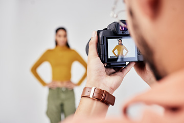 Image showing Camera, photography and photographer with woman fashion model in studio for creative, advertising and image. Media, backstage and professional man with girl and equipment for photoshoot capture