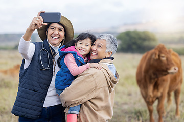 Image showing Farm, agriculture and selfie of parents and girl in countryside for holiday, vacation and adventure on field. Lesbian couple, family adoption and photo of child with mom for quality time on cow ranch