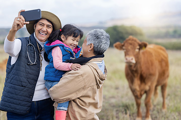 Image showing Farm, selfie and grandparents with girl in countryside for holiday, vacation and adventure on cow field. Agriculture, family and photo of child with grandma for relaxing on ranch, farming and nature