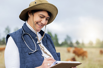 Image showing Farm, veterinary and woman with clipboard for animal inspection, checklist and growth wellness. Agriculture, healthcare and senior vet writing results in countryside, cattle farming and cow livestock