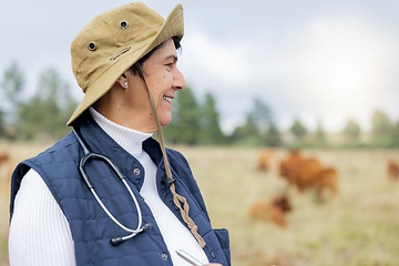 Image showing Farm, vet and mockup with a woman outdoor on a field for agriculture, sustainability or animal health. Doctor, veterinary and healthcare with a female medicine professional in the countryside