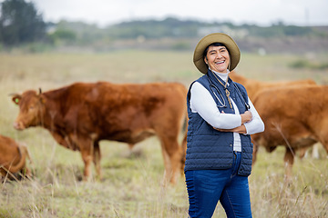 Image showing Cows, vet and portrait of farmer woman for agriculture health, cattle or free range management in food industry. Veterinary, farming expert and proud mature person with agro animal in countryside