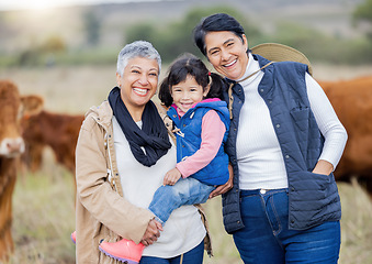 Image showing Farm, agriculture and portrait of grandparents with girl in countryside for farming, livestock and agro. Sustainability, family and child with cows for farmer, animal produce and eco friendly ranch