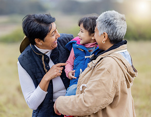 Image showing Farm, travel and grandparents with girl in countryside for holiday, vacation and adventure on field. Agriculture, family and happy child with grandma for quality time on ranch, nature and farming