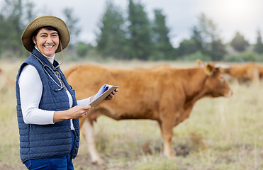 Image showing Farm, cow veterinary and portrait of woman with clipboard for inspection, checklist and animal wellness. Agriculture, healthcare and senior vet working in countryside, cattle farming and livestock