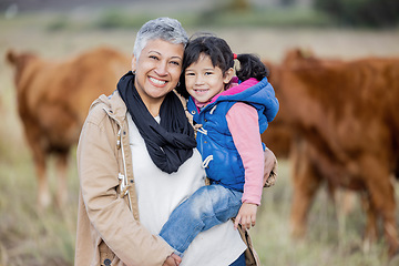 Image showing Bonding, happy and portrait of a grandmother with child on a farm for farming experience in South Africa. Nature, love and senior woman with a girl on countryside for agriculture and sustainability