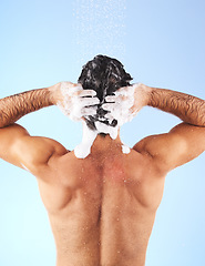 Image showing Shower, cleaning hair and back of man with shampoo, conditioner and water soap for wellness. Self care, bathroom hygiene and male with foam, grooming products and washing body on blue background