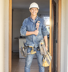 Image showing Handyman smile in portrait, maintenance and tools with construction and home renovation with builder. Professional, contractor and DIY skills, architecture and wrench, male with helmet for safety