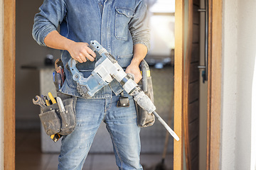 Image showing Drill, diy and man for construction, building or home repair, renovation and improvement. Equipment, handyman and male ready for maintenance, architecture or design with electrical hardware for house