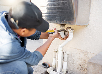 Image showing Man, plumber and wrench for water pipes of building maintenance, renovation and builder service. Handyman, pipeline and plumbing tools for leak, drainage and installation of system, sink and repair