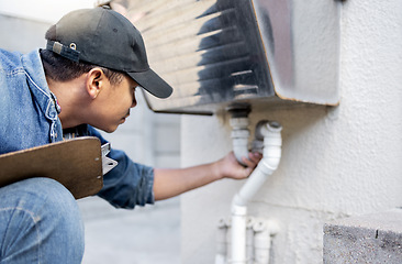 Image showing Man, plumber and check faucet pipes for building maintenance, renovation and builder service. Handyman, pipeline and plumbing inspection for leak, drainage and installation of system, sink and repair