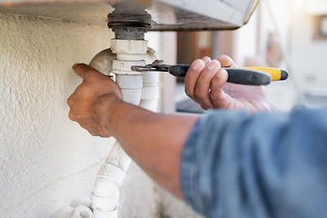 Image showing Hands, plumber and wrench for pipe, maintenance and repairs, blockage and installation by man closeup. Plumbing, zoom and professional handyman fixing drain, system and replace with tool or equipment