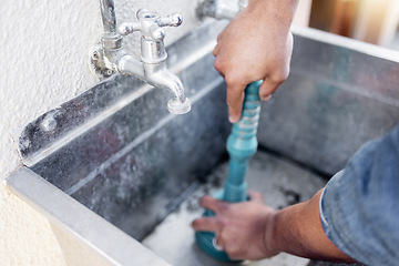 Image showing Plumber, drain and man with plunger for sink, maintenance and repairs, blockage or cleaning. Plumbing, drainage and professional handyman fixing, clear and working with equipment for system fix