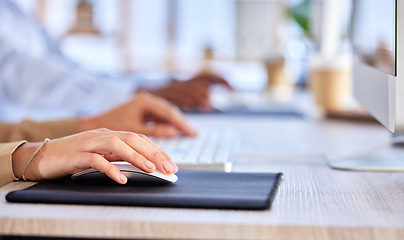 Image showing Business, office and hands with mouse on desk working on research project, typing email and click online. Productivity, technology and woman with computer device for search, website and internet