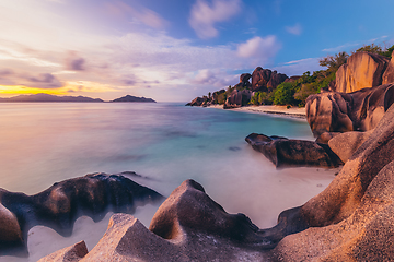 Image showing Dramatic sunset at Anse Source d'Argent beach, La Digue island, Seychelles