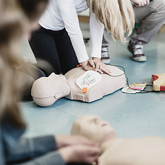 Image showing First aid resuscitation course using AED.