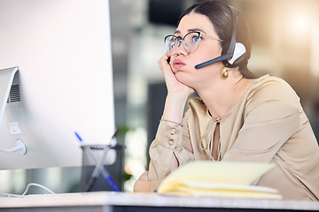 Image showing Stress, call center and woman with burnout in customer service, telemarketing and consulting at desk. Crm company, corporate office and female worker frustrated, tired and fatigue from computer work