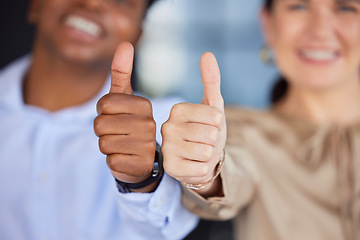 Image showing Hands, people and thumbs up for good job, winning or success at the office on blurred background. Hand of team showing thumb emoji, yes sign or like in agreement, trust or thanks for support or win