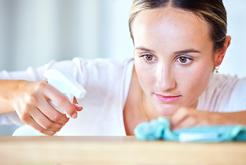 Image showing Spray, looking and woman cleaning table of dirt, bacteria and product. House, service and cleaner working on desk or counter for housework and routine chores while wiping and spraying with detergent