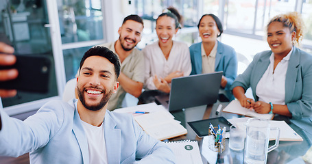 Image showing Office, selfie and business people in meeting, collaboration and fun, happy and smile. Colleagues, team and phone for photo by work friends posing during discussion, startup and idea, diverse and joy