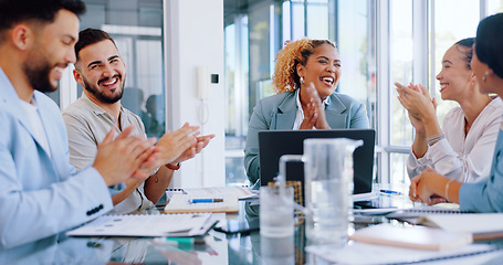 Image showing Business meeting, celebration applause and winning leader and people for success congratulations. Diversity men and women hands for goal achievement, development and leadership promotion motivation