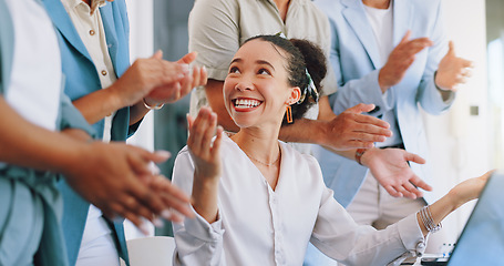 Image showing Applause, laptop and winning woman in office success, congratulations and celebration of company target sales. Winner, wow and clapping for worker, employees or people promotion, news or opportunity