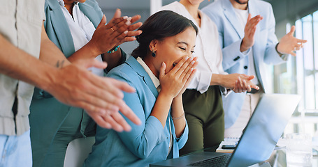 Image showing Clapping, laptop and winner woman in office success, congratulations and celebration of company target sales. Achievement, goals and applause worker, employee or person promotion, news or opportunity