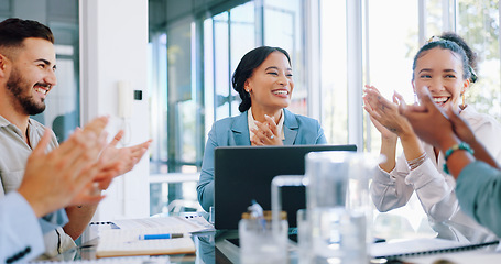 Image showing Business people in meeting, applause and screen, black woman speaker and presentation, leadership and infographic. Support, team and diversity, success and win, marketing strategy and data analytics