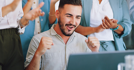 Image showing Clapping, laptop and winning people in office success, congratulations and celebration of company target sales. Winner, wow and applause for worker, employees or man promotion, news or opportunity