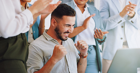 Image showing Clapping, laptop and winning people in office success, congratulations and celebration of company target sales. Winner, wow and applause for worker, employees or man promotion, news or opportunity