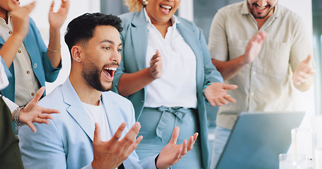 Image showing Business man, laptop and celebration applause for winning achievement with congratulations on success. Diversity men and women hands for achievement, development and sales target goal motivation